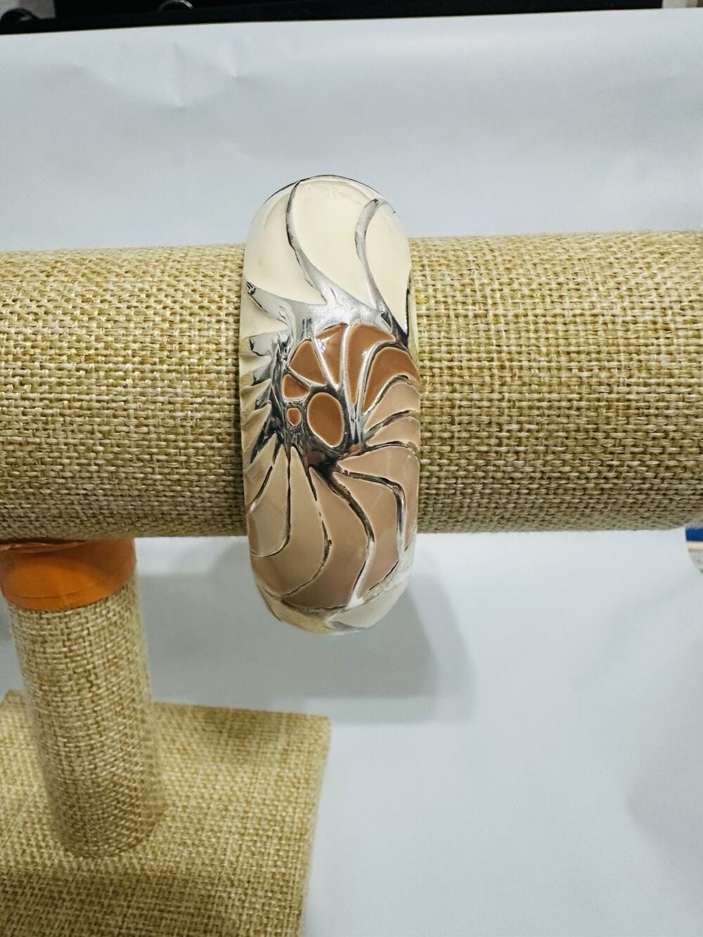 Sequin Nordstrom Cream Tan Sunburst Silver Tone Statement Enamel Bracelet #6